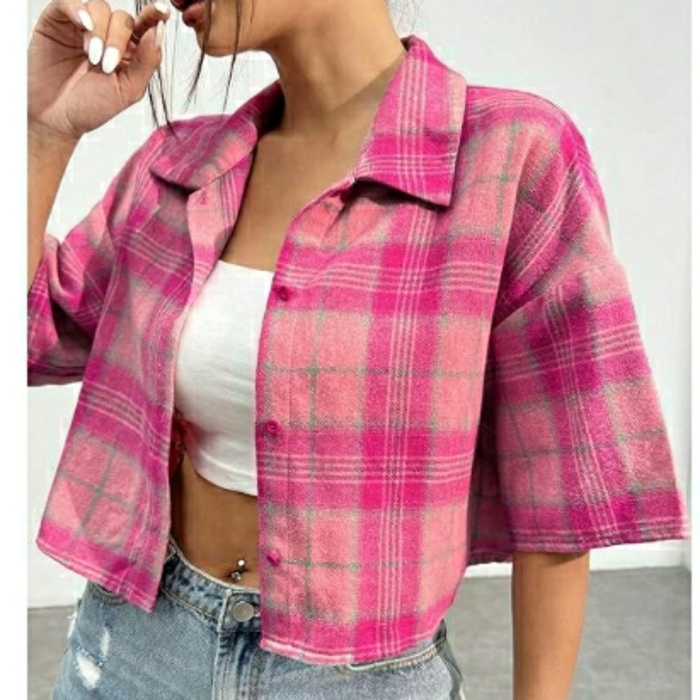 Oversized Button Down Short Sleeve Shirt Textured Collared Crop Top Pink - Picture 5 of 5
